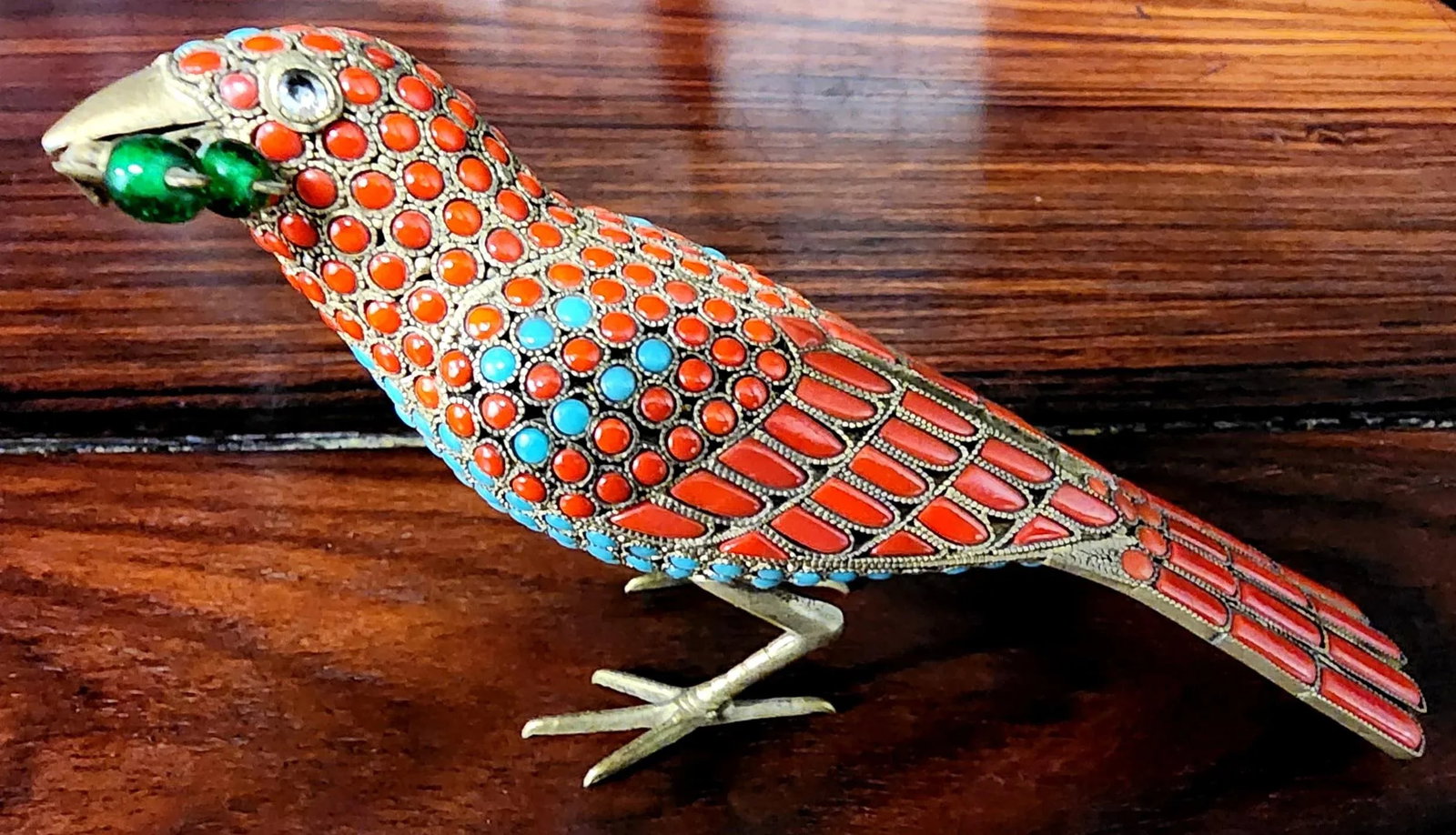 Beautiful Bronze Handmade Decorative Bird Figurine W/in-Laid Pure Turquoise & Red Coral - 5