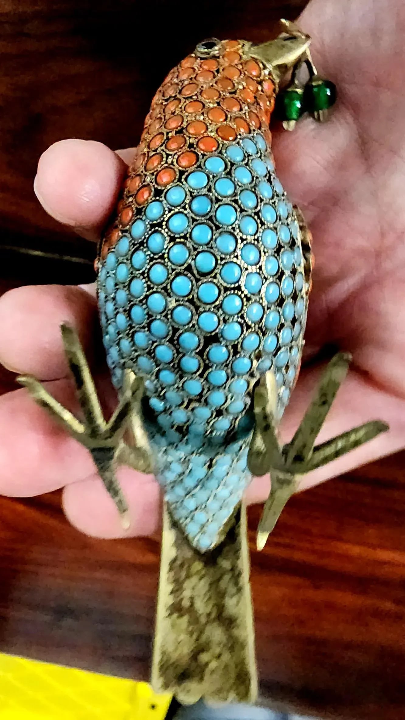 Beautiful Bronze Handmade Decorative Bird Figurine W/in-Laid Pure Turquoise & Red Coral - 6