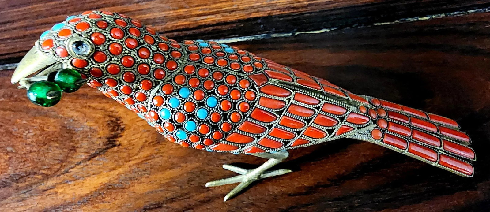Beautiful Bronze Handmade Decorative Bird Figurine W/in-Laid Pure Turquoise & Red Coral - 7