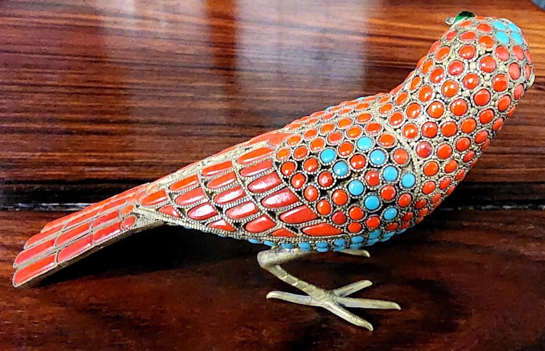 Beautiful Bronze Handmade Decorative Bird Figurine W/in-Laid Pure Turquoise & Red Coral - 8