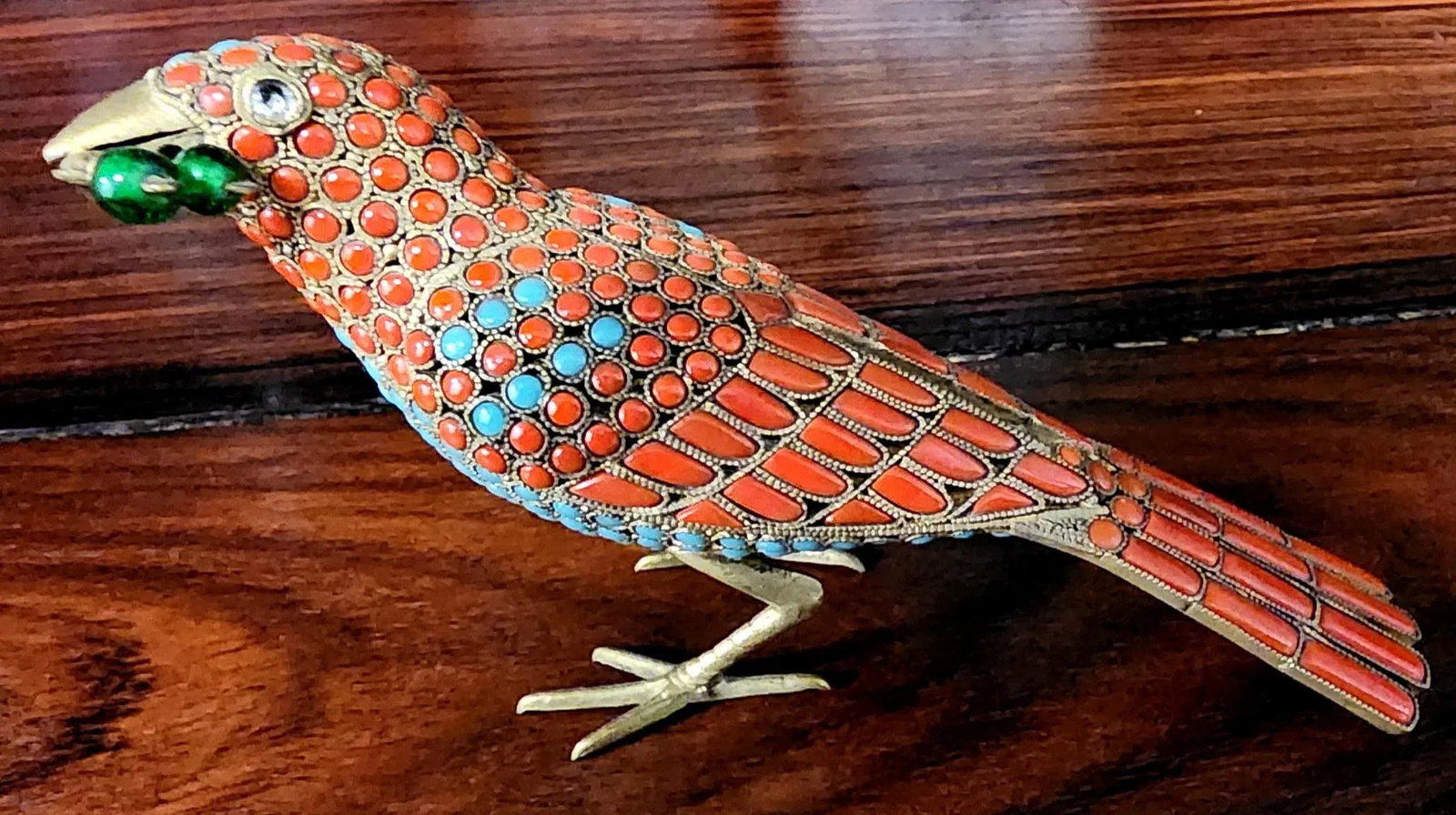 Beautiful Bronze Handmade Decorative Bird Figurine W/in-Laid Pure Turquoise & Red Coral - 9