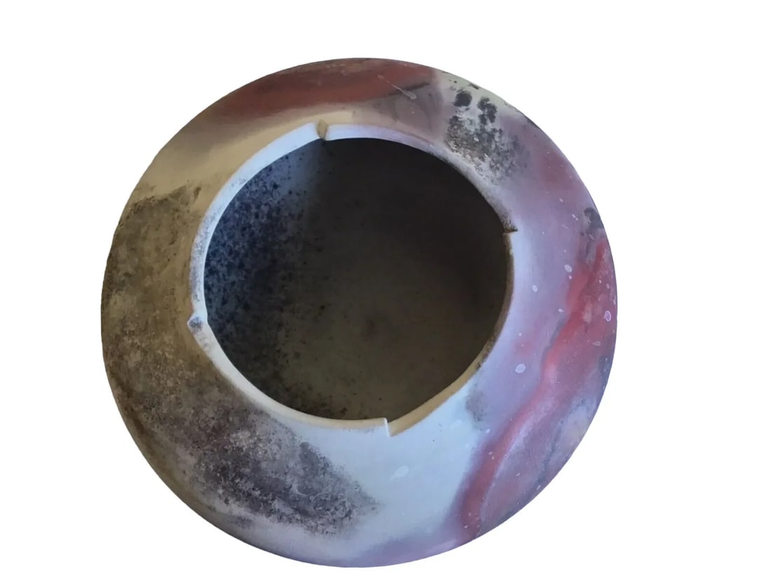 Vintage MCM Signed Art Studio Fired Raku Pottery Round Planter Vase 4.5"h X 5"d - 3