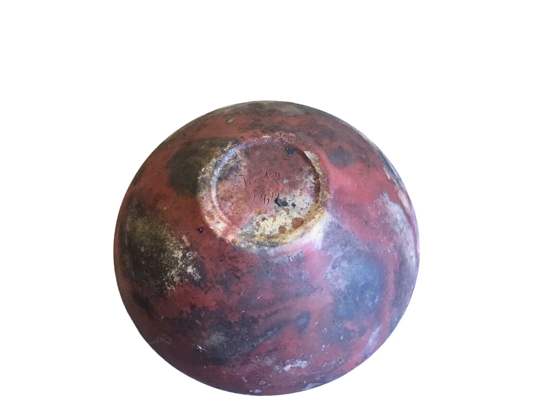 Vintage MCM Signed Art Studio Fired Raku Pottery Round Planter Vase 4.5"h X 5"d - 5