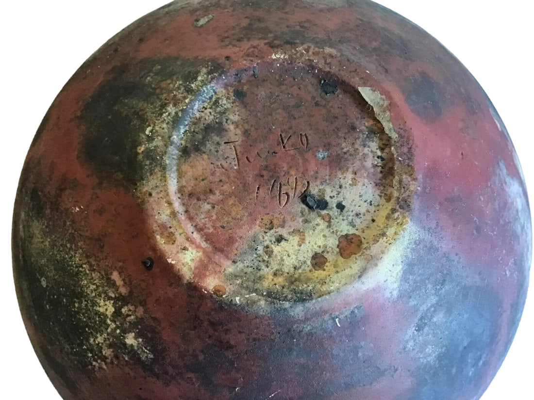 Vintage MCM Signed Art Studio Fired Raku Pottery Round Planter Vase 4.5"h X 5"d - 6