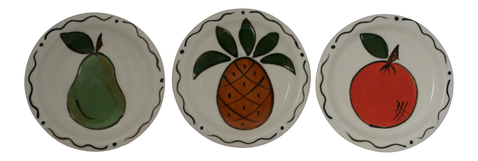 Vintage Three Rivers Studio Pottery Hand Painted Fruit Stoneware Plates - Set of 3: This is a set of 3 small stoneware plates that were hand crafted by Three Rivers Pottery, Ohio. They opened in the early 80's and closed in 2001. They are best know for Christmas designed and Snowman