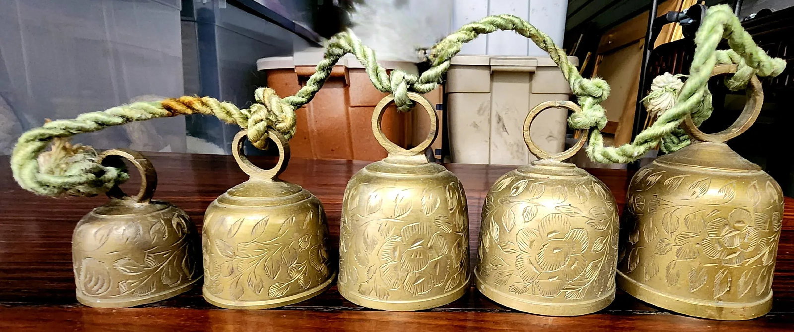 Vintage Indian Solid Bronze Engraved Door Chimes - Set of 5 - 10