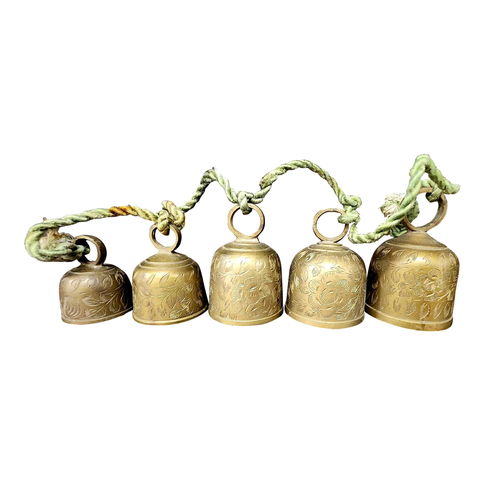 Vintage Indian Solid Bronze Engraved Door Chimes - Set of 5: Indian Vintage Solid Bronze Engraved Indian Door Chimes - Set of 5. Solid Bronze. No Maker Mark Made in India: Excellent Quality Excellent Condition Dimensions: Largest: 4" Height, 2 3/4" Diameter Sma