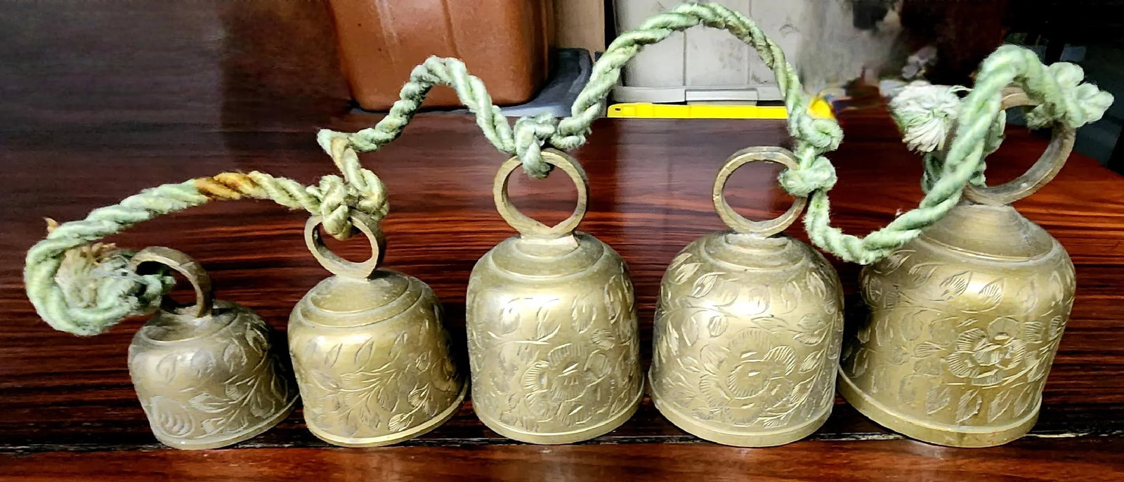 Vintage Indian Solid Bronze Engraved Door Chimes - Set of 5 - 2