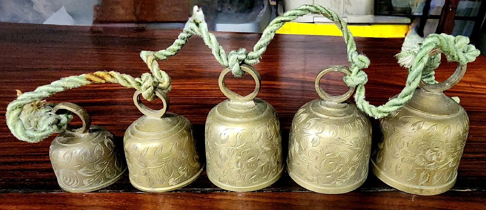 Vintage Indian Solid Bronze Engraved Door Chimes - Set of 5 - 4