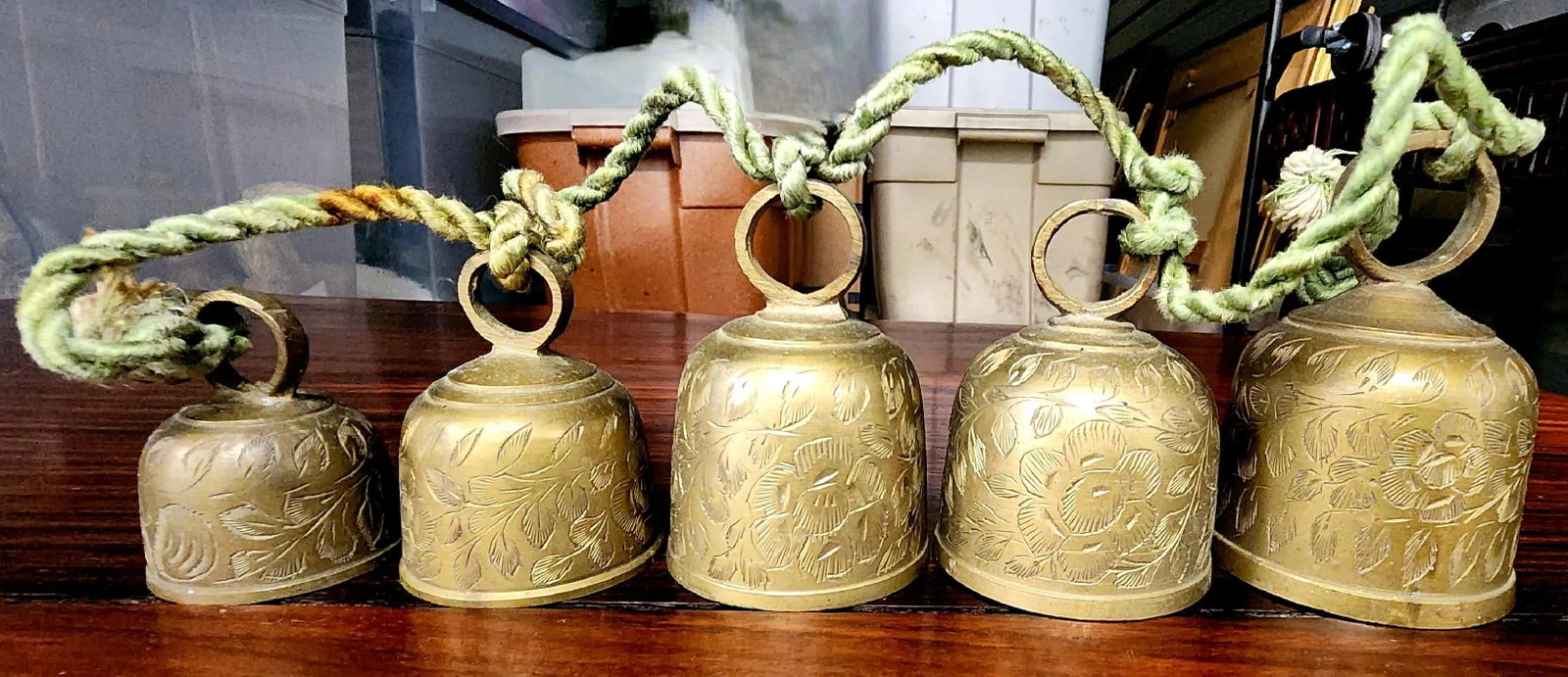 Vintage Indian Solid Bronze Engraved Door Chimes - Set of 5 - 5