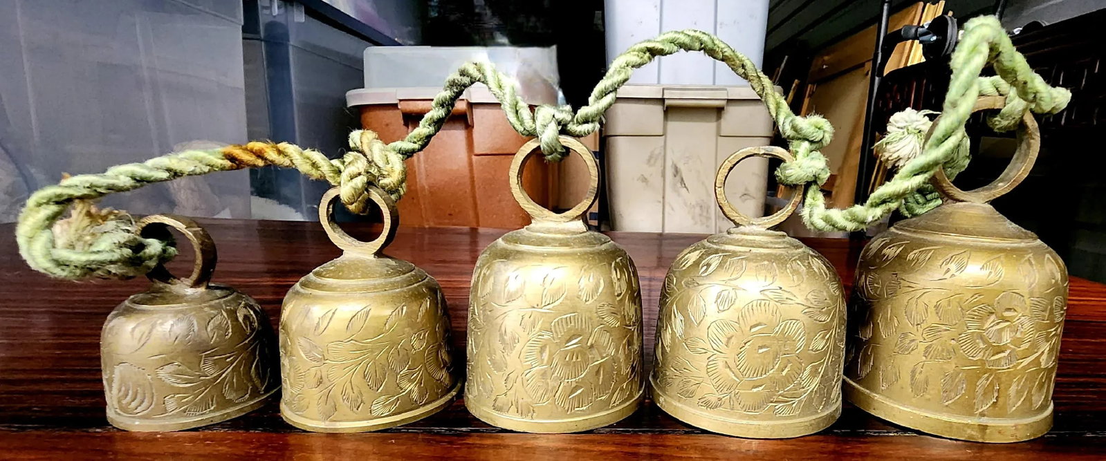 Vintage Indian Solid Bronze Engraved Door Chimes - Set of 5 - 7