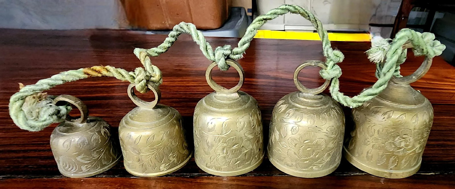 Vintage Indian Solid Bronze Engraved Door Chimes - Set of 5 - 8
