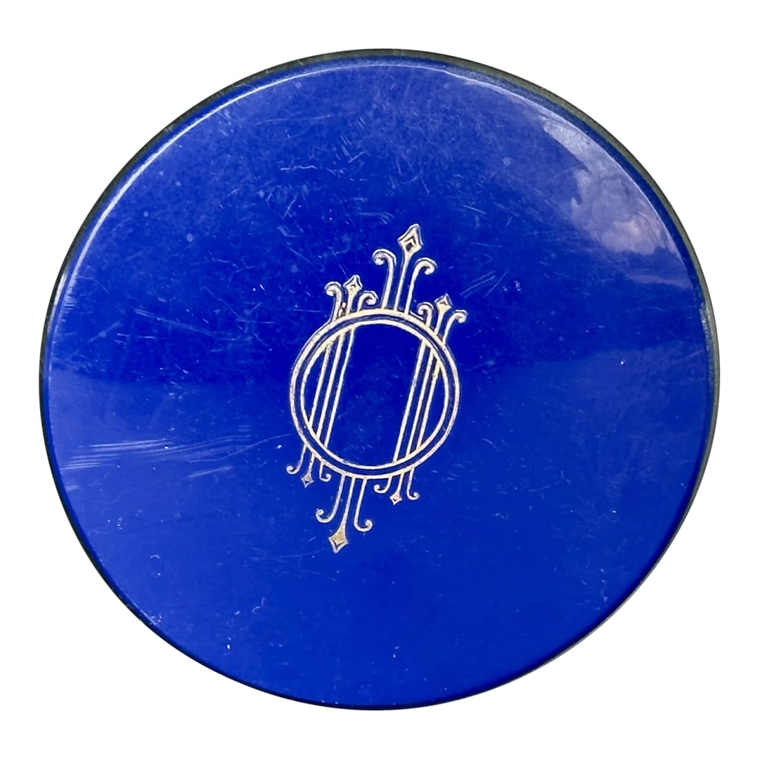 Art Deco Decorative Trinket Box: This vintage Art Deco era cobalt blue powder box is ready to be repurposed into a contemporary decorative catchall. Use the round plastic container on a bathroom vanity or bedroom dresser as a