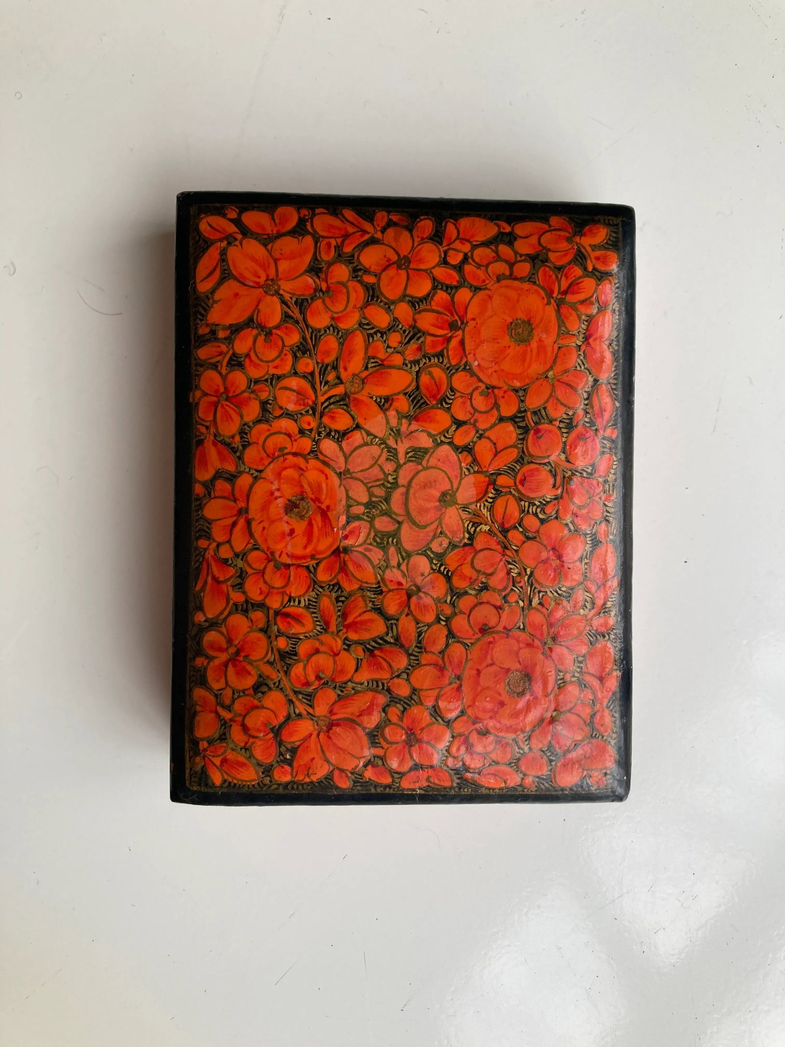 Vintage Kashmir Floral Design Paper Mache Lacquer Trinket Box - 2