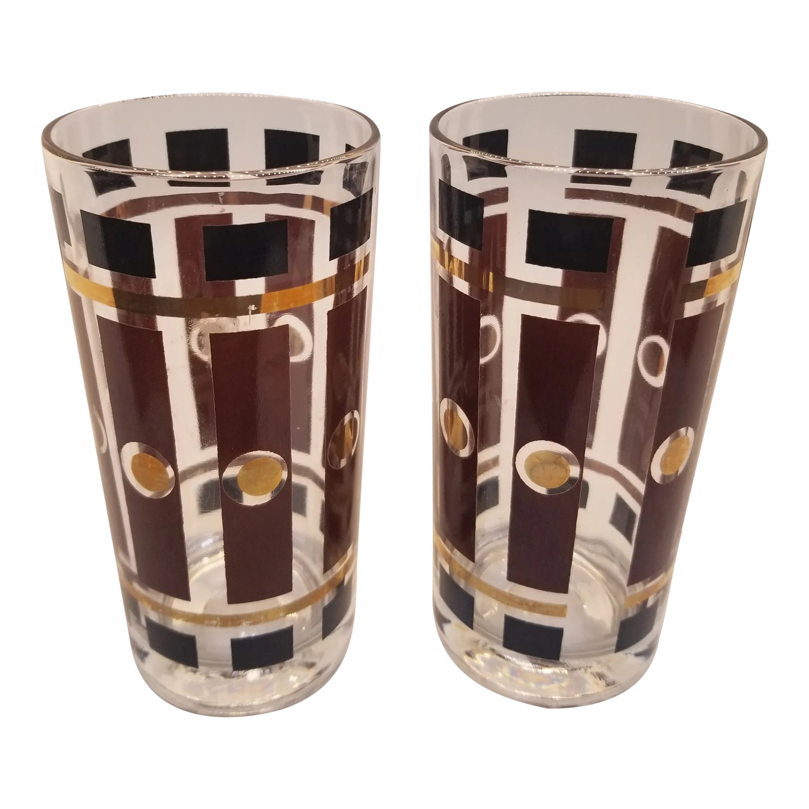 Vintage Hazel-Atlas Gold and Brown Glass Tumblers- a Pair: HAZEL ATLAS GOLD BROWN MID CENTURY ART DECO 4 GLASSES TUMBLER Hazel Atlas Gold Brown Mid Century Art Deco set of tumbler glasses Condition: Alterations: Original Condition Unaltered Imperfections: