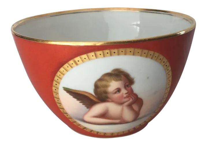 French Style Cherub Large Tea Cup / Decorative Bowl: Vintage Elegant French Style Gold Painted Rim and Transfer CherubCup or Decorative Bowl With Handle, No makers mark. Dimensions Without handle 4.25"D X 3"H Condition: Alterations: Original Condition