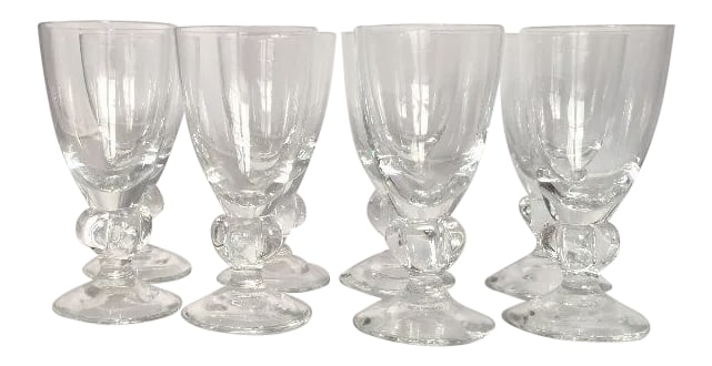 Mid-Century Clear Glass Ball Stem Liqueur Glasses - Set of 8: Mid-Century set of eight clear fine glass with ball stem liqueur or sherry glasses. No maker's mark, in excellent condition. 3.25"H X1.5"D Condition: Alterations: Original Condition Unaltered