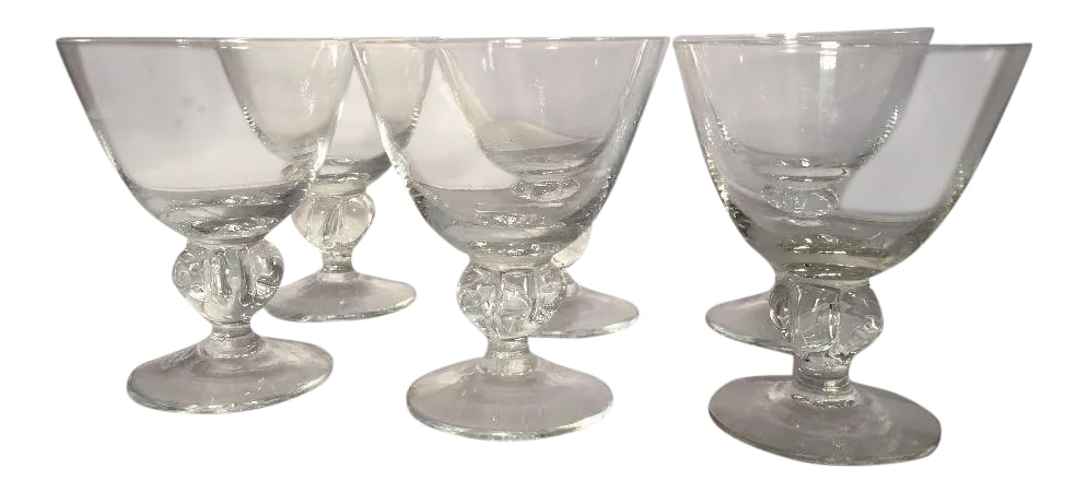 Mid-Century Clear Glass Ball Stem Bar Glasses - Set of 6: Mid-Century modern set of six clear fine glass with ball stem bar glasses, no makers mark, in excellent condition. 3.5"H X 2.75"W Condition: Alterations: Original Condition Unaltered Imperfections: