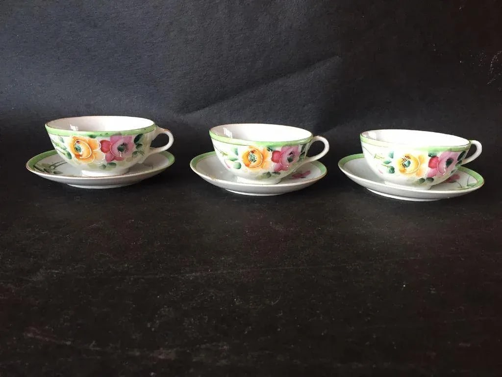 Antique Hand Painted Porcelain Floral Tea Cups & Saucers - Service for 3 - 2
