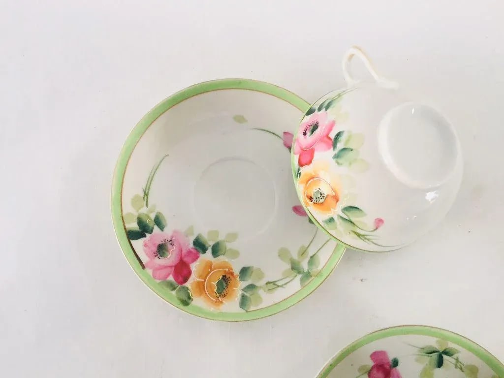 Antique Hand Painted Porcelain Floral Tea Cups & Saucers - Service for 3 - 3