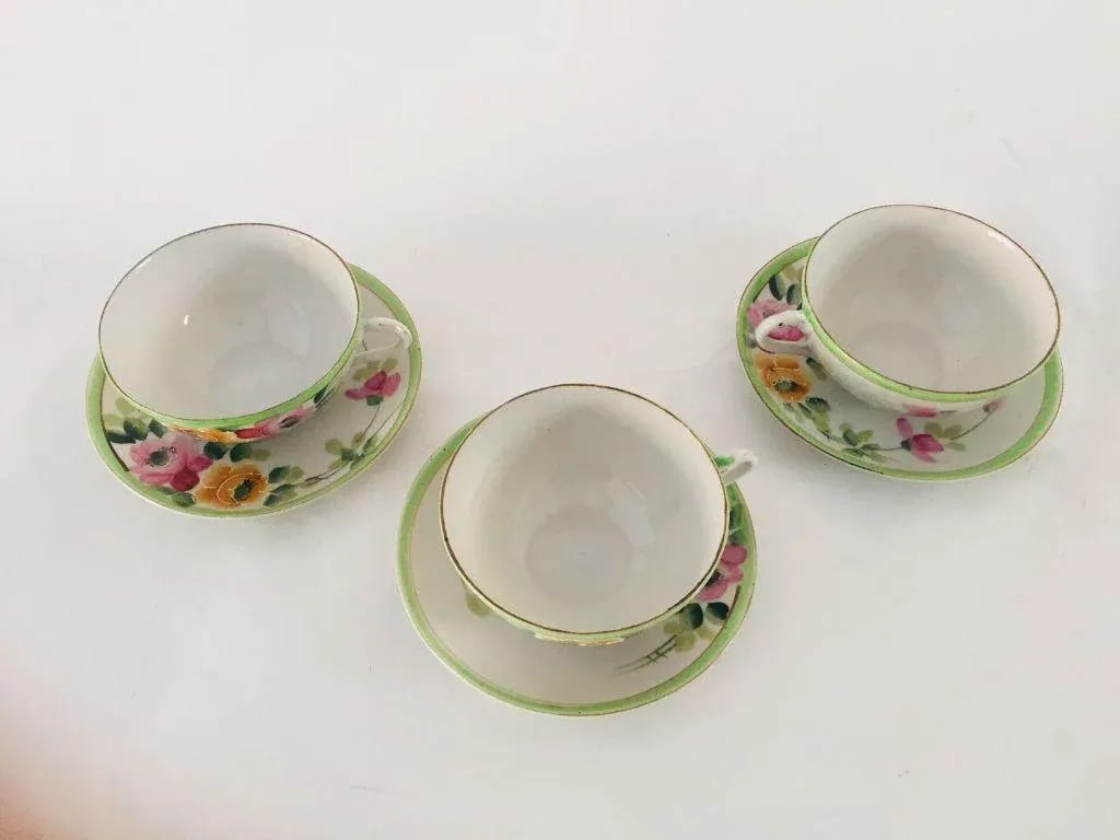 Antique Hand Painted Porcelain Floral Tea Cups & Saucers - Service for 3 - 4