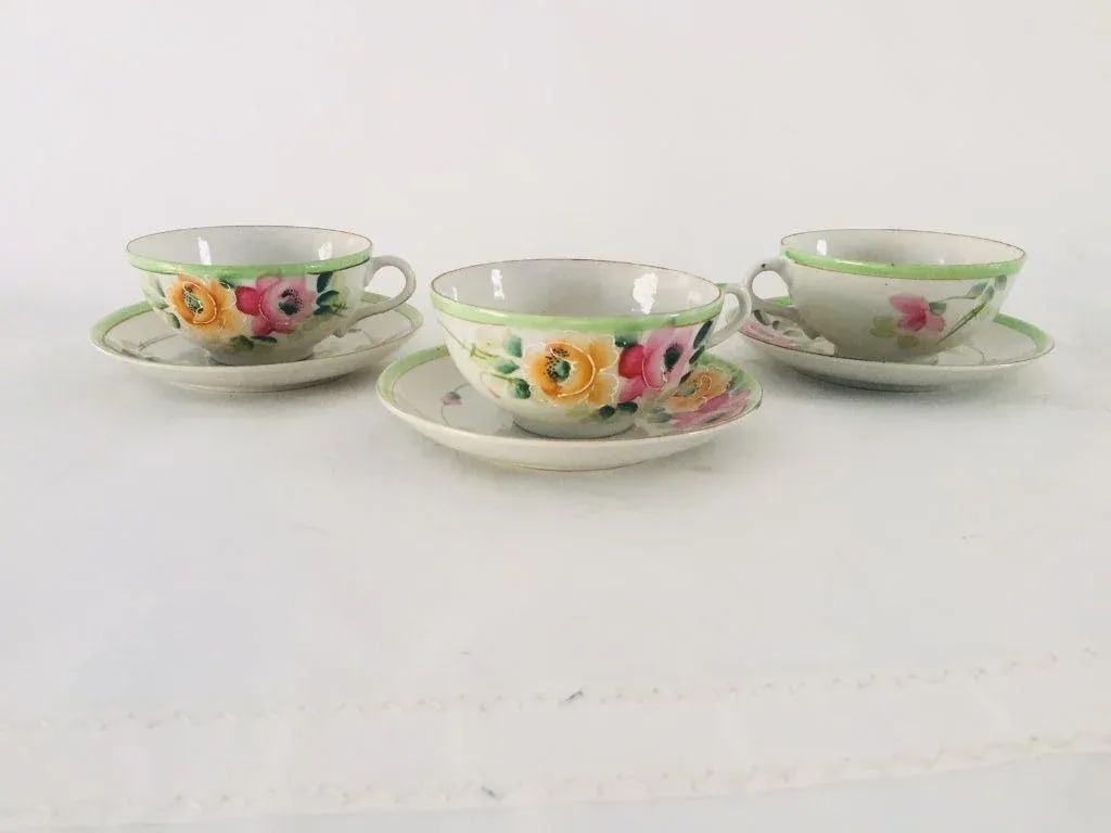 Antique Hand Painted Porcelain Floral Tea Cups & Saucers - Service for 3 - 5