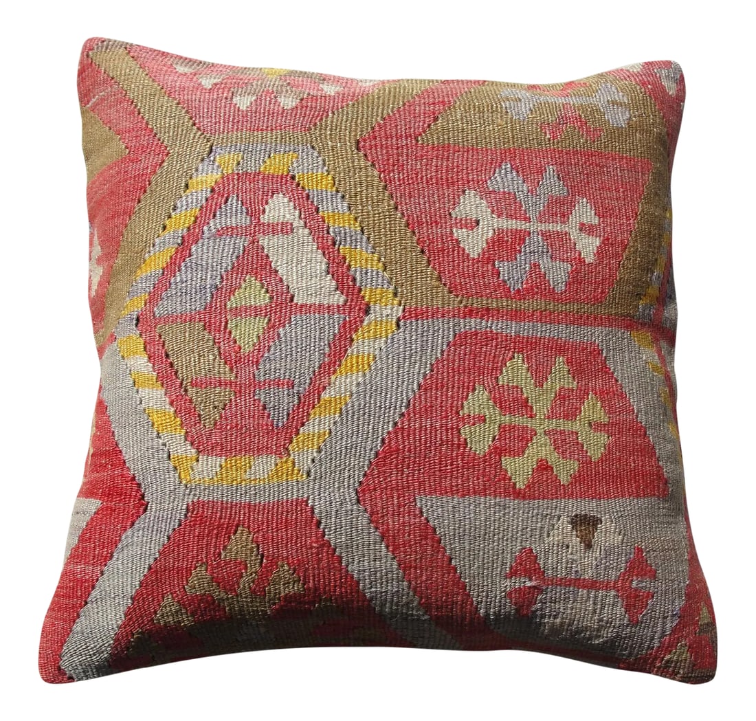 Kilim Rug Pillow: Kilim Rug Pillow Made from old turkish kilims Back side cotton and has closed with a solid hidden zipper size:16" x 16" It is ready to use. The colors come from vegetable dyes. less less less less