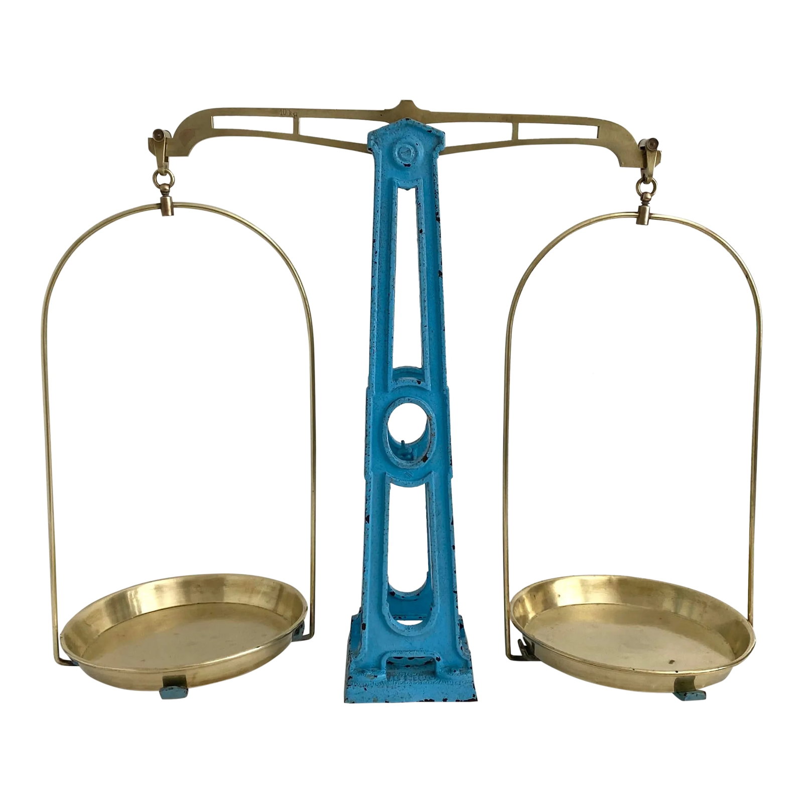 Vintage French Eiffel Tower Balance Scale: Striking French blue cast iron balance scale with original brass plates and hardware in the shape of the Eiffel Tower. This is an early 1900's statement piece and is perfect for display. Comes apart i
