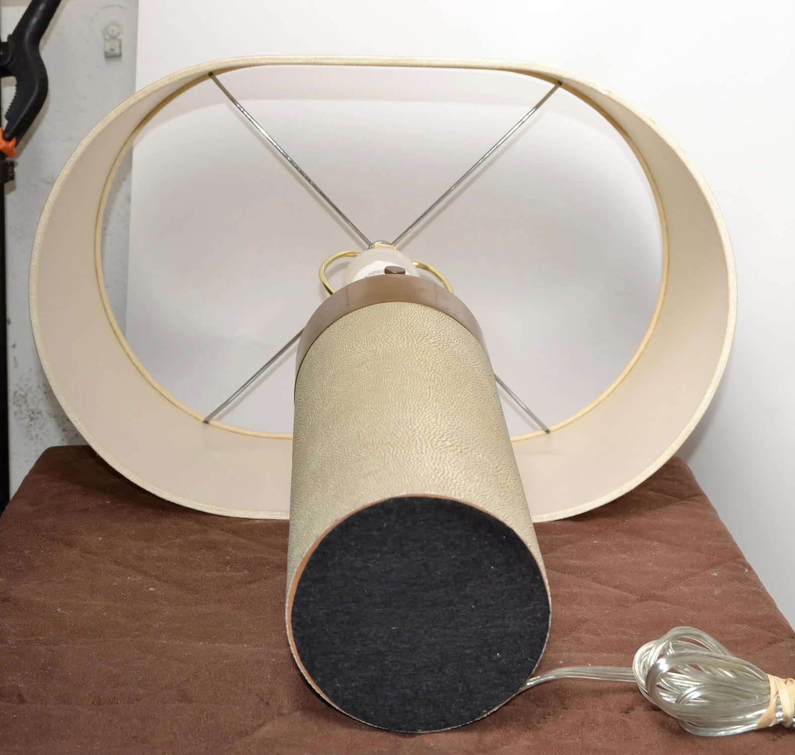 Pair of Contemporary Faux Shagreen Brass Finish Steel Modern Cylinder Table Lamps Oval Shades - 11
