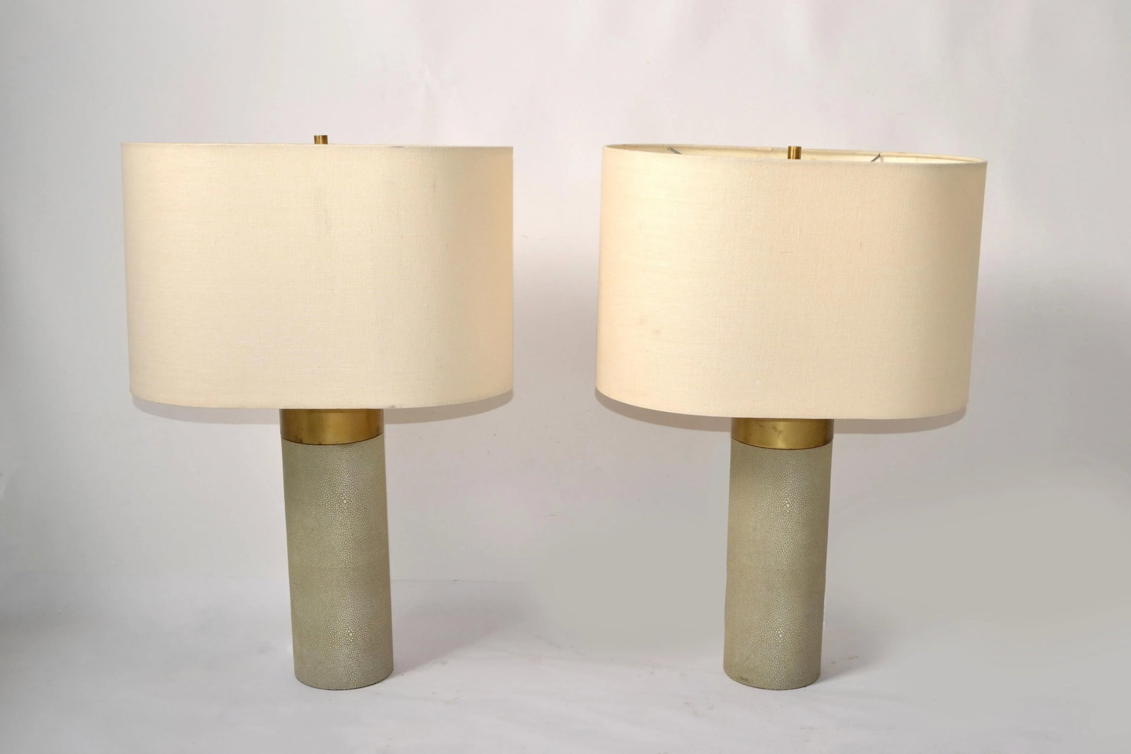 Pair of Contemporary Faux Shagreen Brass Finish Steel Modern Cylinder Table Lamps Oval Shades - 12