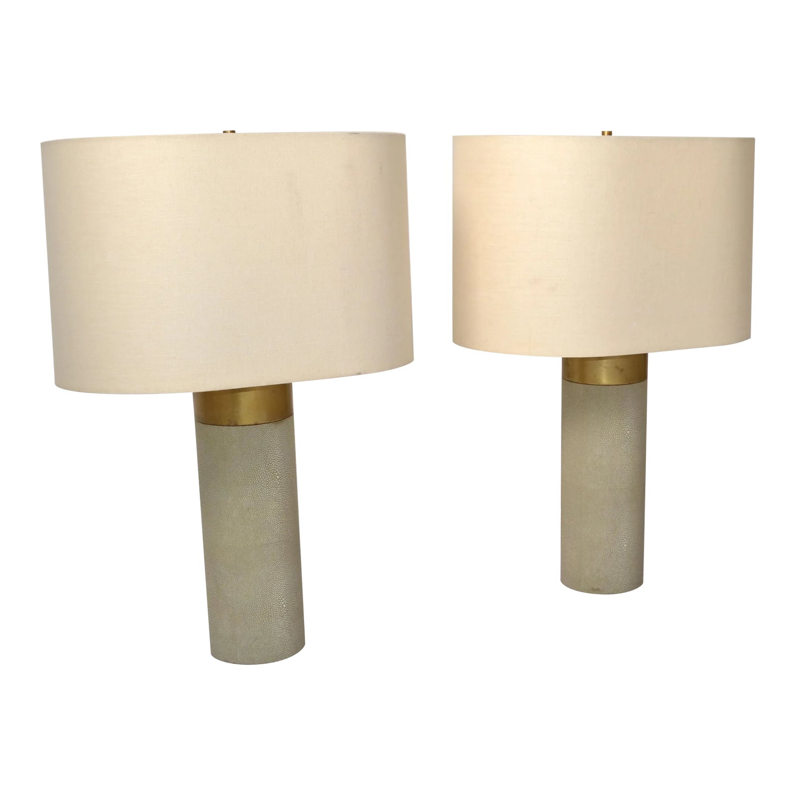 Pair of Contemporary Faux Shagreen Brass Finish Steel Modern Cylinder Table Lamps Oval Shades: Modern Pair of Gray Faux Shagreen and Steel in Brass Finish Cylinder Table Lamps with Oval Shades. Sophisticated column base in faux shagreen and a Gold Brass Finish Accent on top. Perfect working