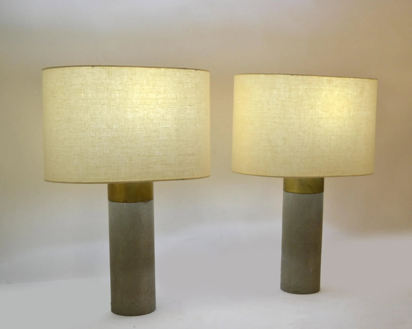Pair of Contemporary Faux Shagreen Brass Finish Steel Modern Cylinder Table Lamps Oval Shades - 2