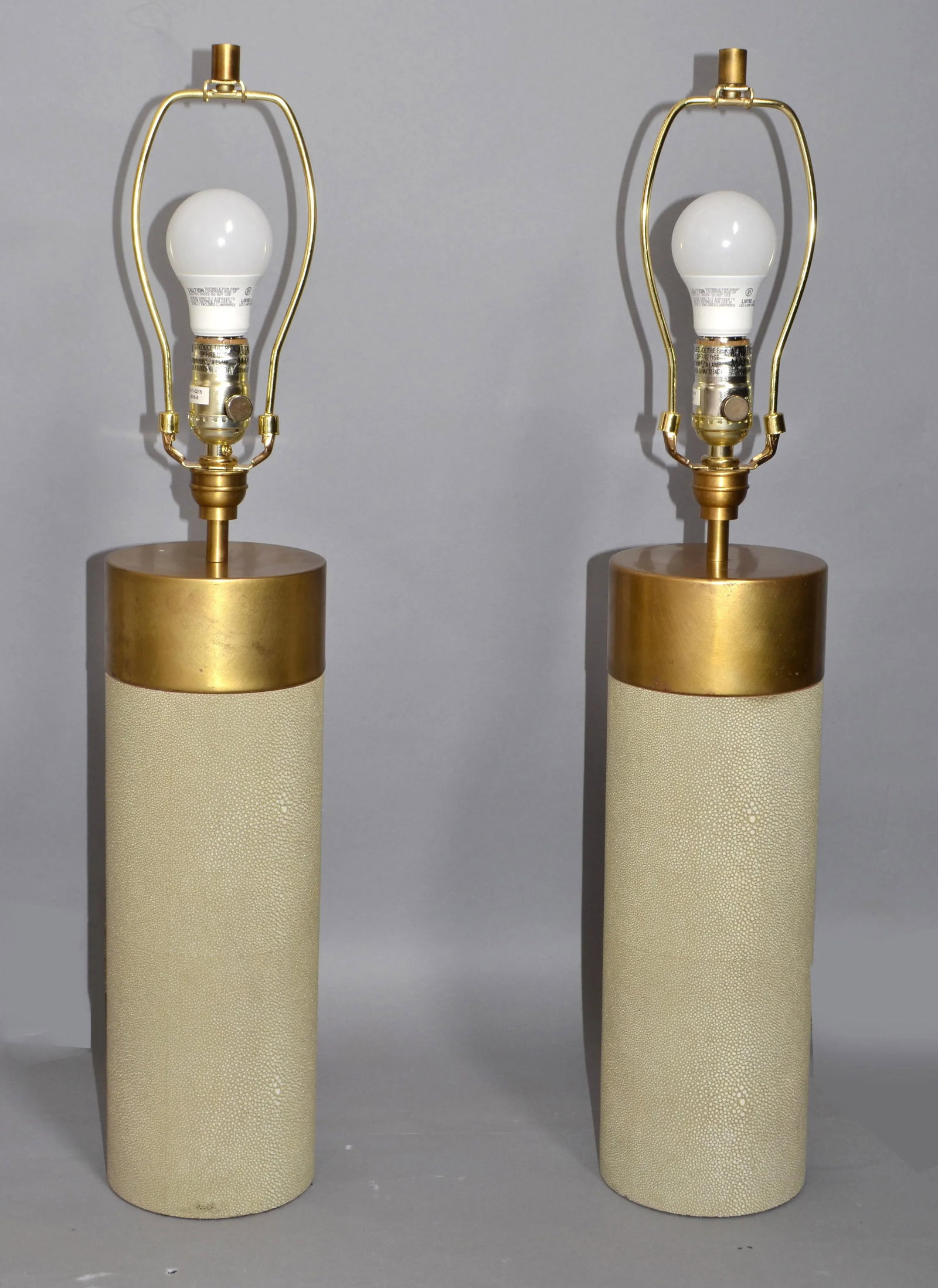 Pair of Contemporary Faux Shagreen Brass Finish Steel Modern Cylinder Table Lamps Oval Shades - 4