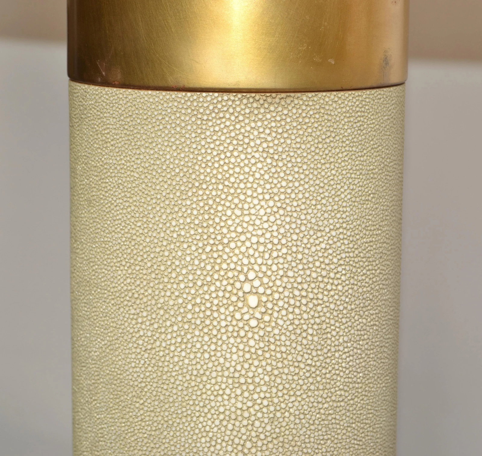 Pair of Contemporary Faux Shagreen Brass Finish Steel Modern Cylinder Table Lamps Oval Shades - 5
