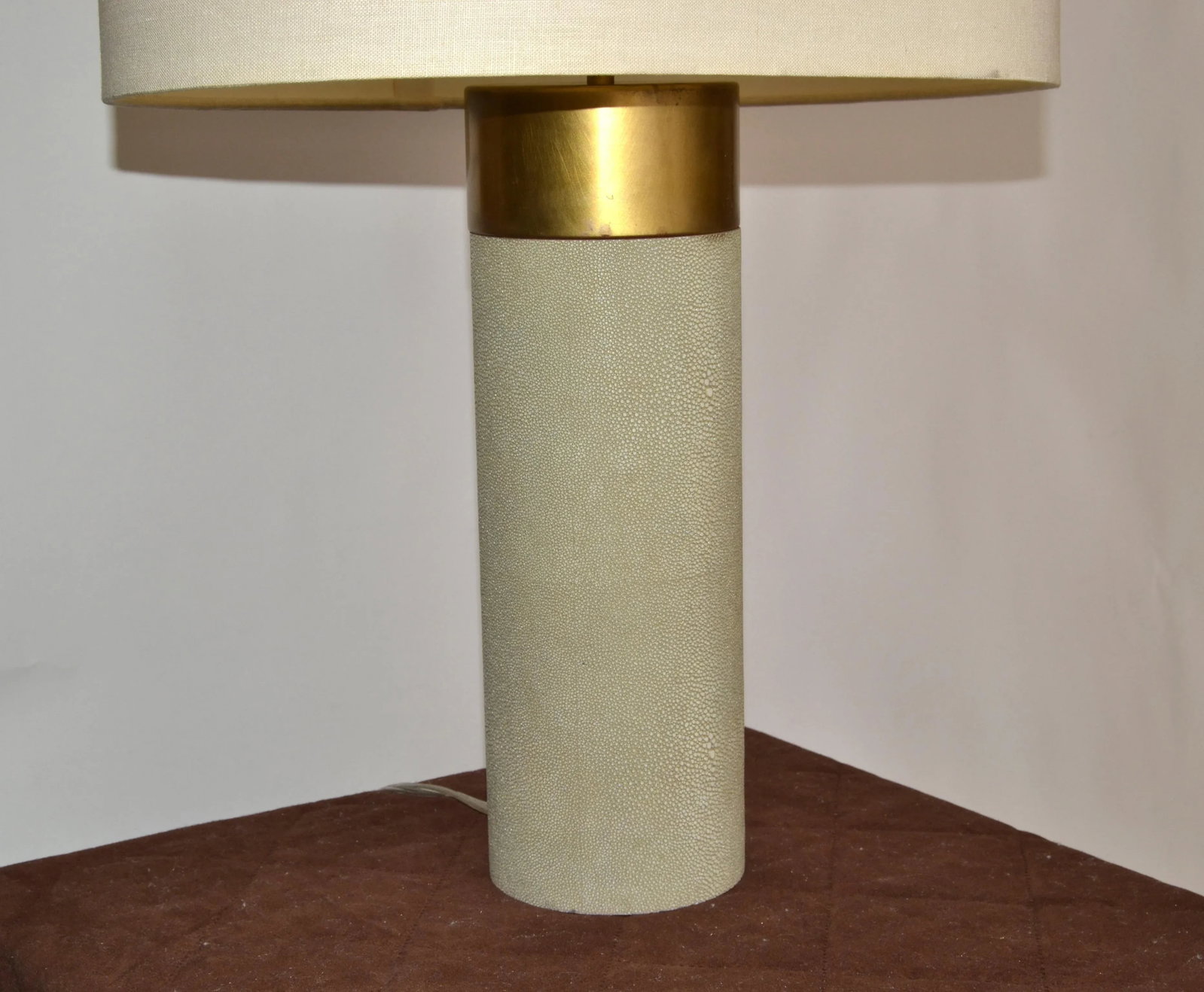 Pair of Contemporary Faux Shagreen Brass Finish Steel Modern Cylinder Table Lamps Oval Shades - 6