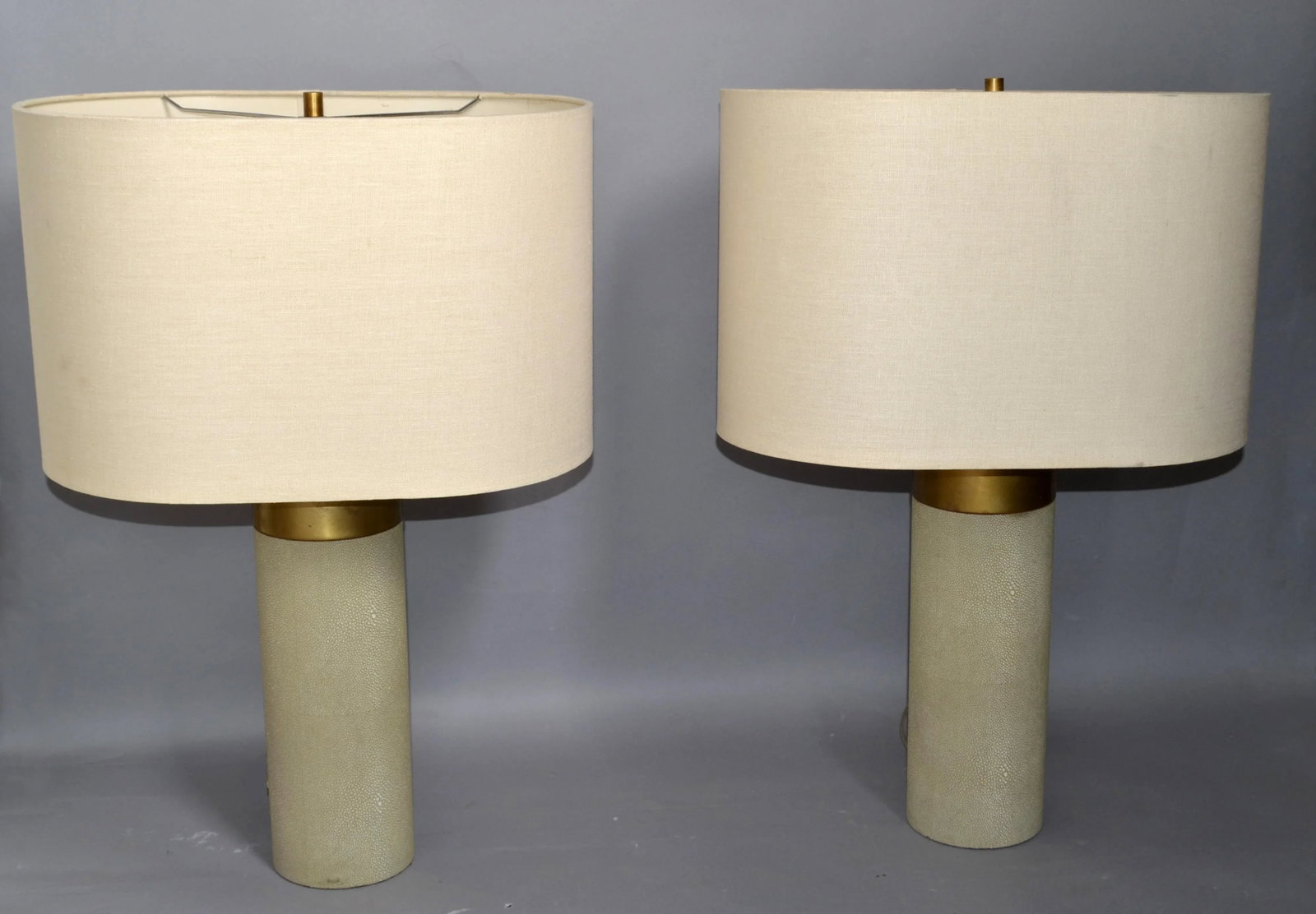 Pair of Contemporary Faux Shagreen Brass Finish Steel Modern Cylinder Table Lamps Oval Shades - 8