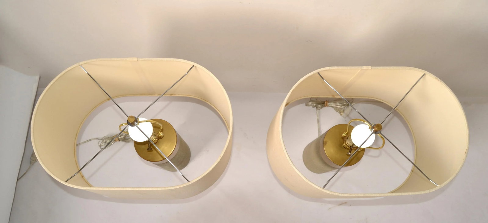 Pair of Contemporary Faux Shagreen Brass Finish Steel Modern Cylinder Table Lamps Oval Shades - 9
