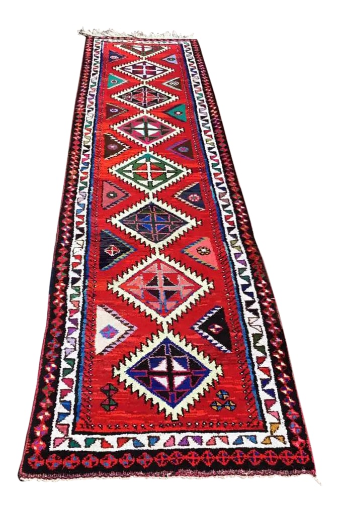 Red Anatolin Runner Rug - 146" X 35": This gorgeous hand knotted vintage Anatolian runner rug is approximately 70 years old in excellent vintage condition. The rug is made with very fine quality hand spun wool SKU: D Condition: Alteration