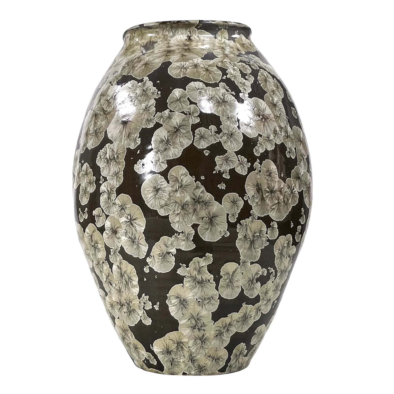 Large Crystaline Vase by Doug Johnson / Pepperwood Pottery: Doug Johnson / Pepperwood Pottery Crystaline Vase. Made is Mendocino County, California. Crystaline glazes were discovered in France in the 1800's by accident. Zinc oxide and silica form the