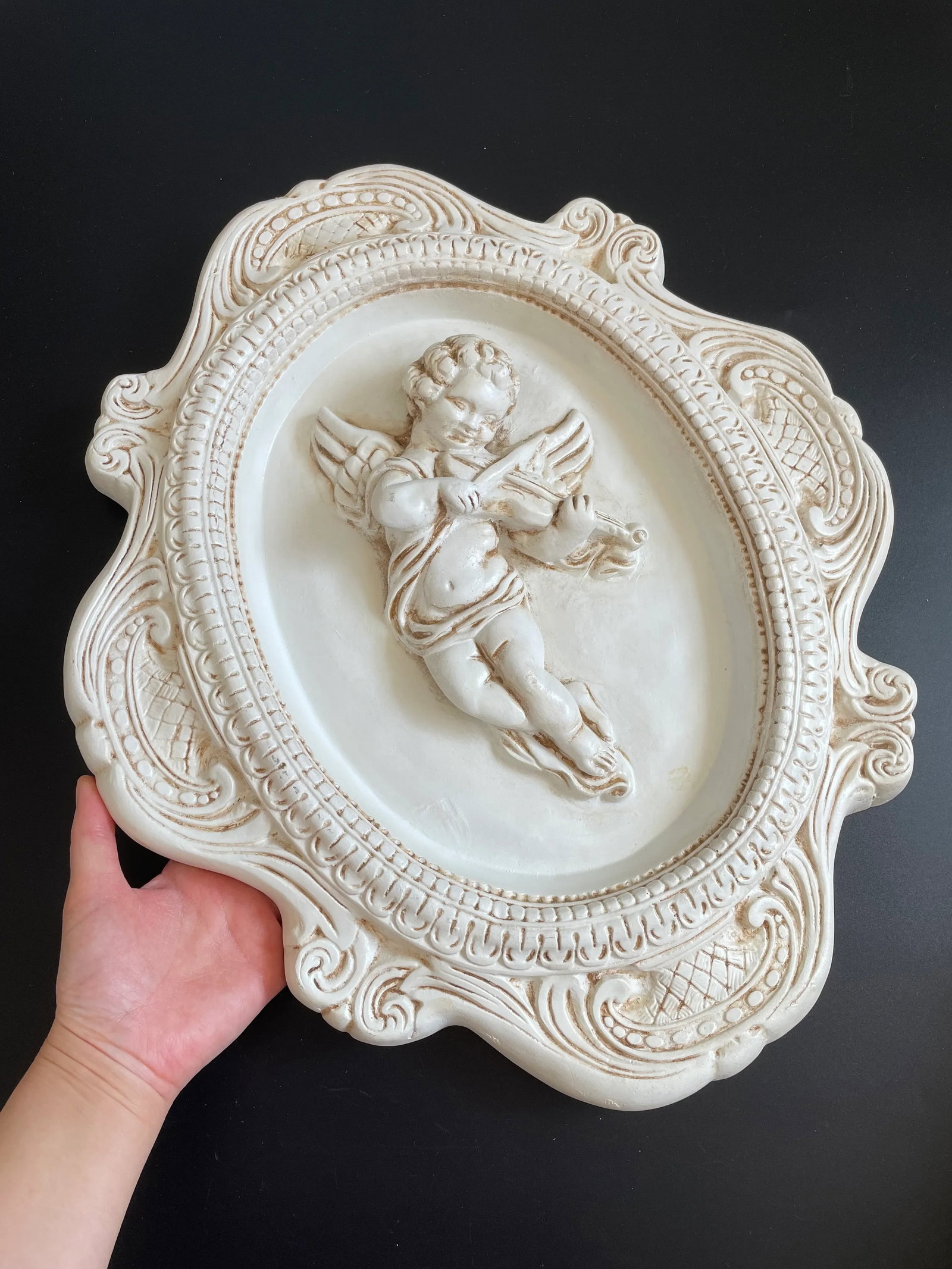 Vintage Cherub Playing Violin Architectural Medallion Plaster Plaque - 10