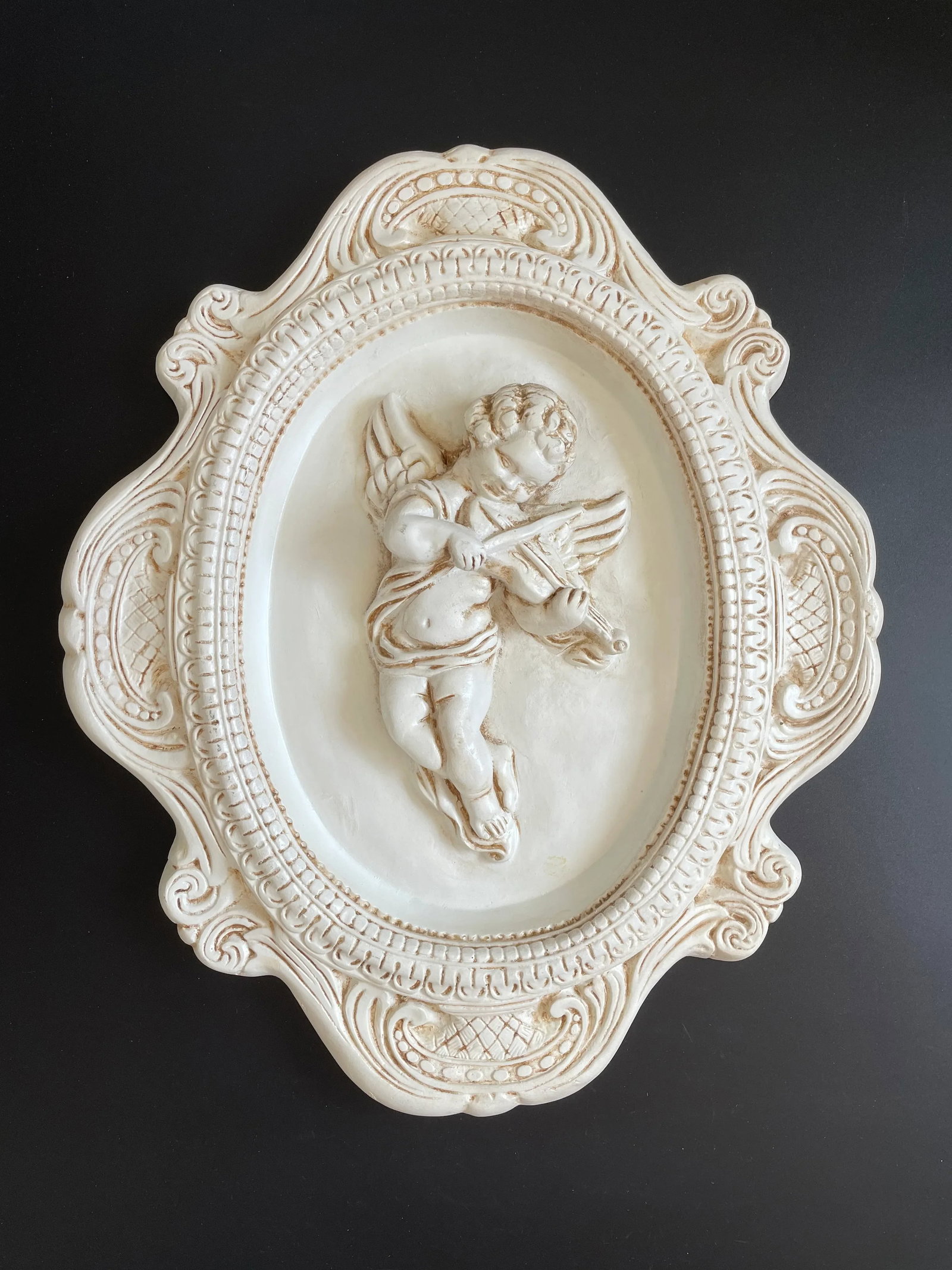 Vintage Cherub Playing Violin Architectural Medallion Plaster Plaque - 11