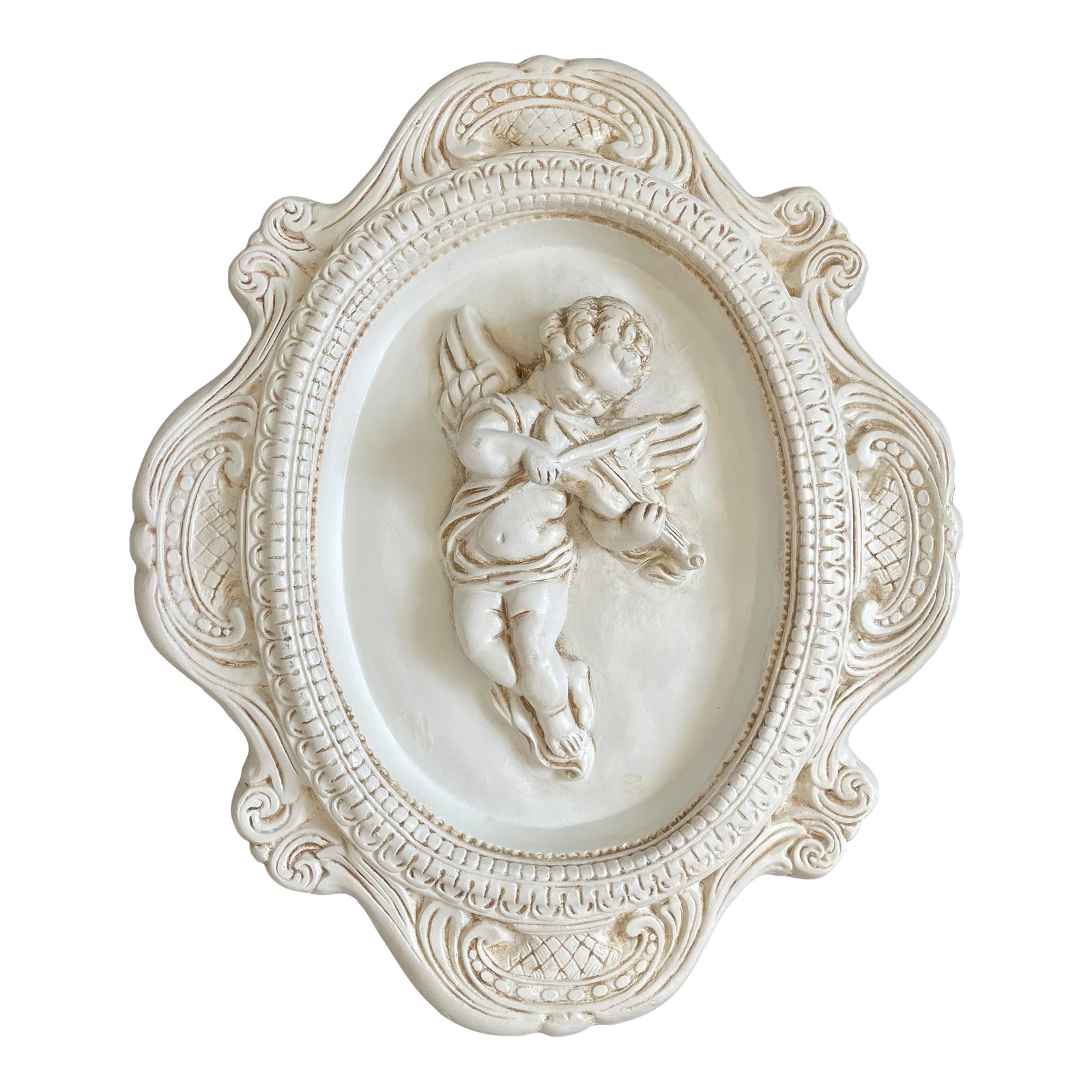 Vintage Cherub Playing Violin Architectural Medallion Plaster Plaque: Vintage Neoclassical cherub playing violin architectural wall plaque. High relief cherub oval medallion accentuated with scalloped scroll ornate border. Embedded wire on the back. Semi-matte,