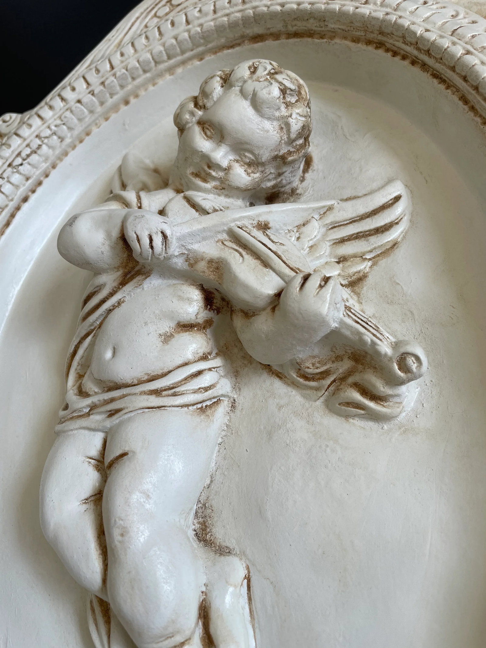 Vintage Cherub Playing Violin Architectural Medallion Plaster Plaque - 3