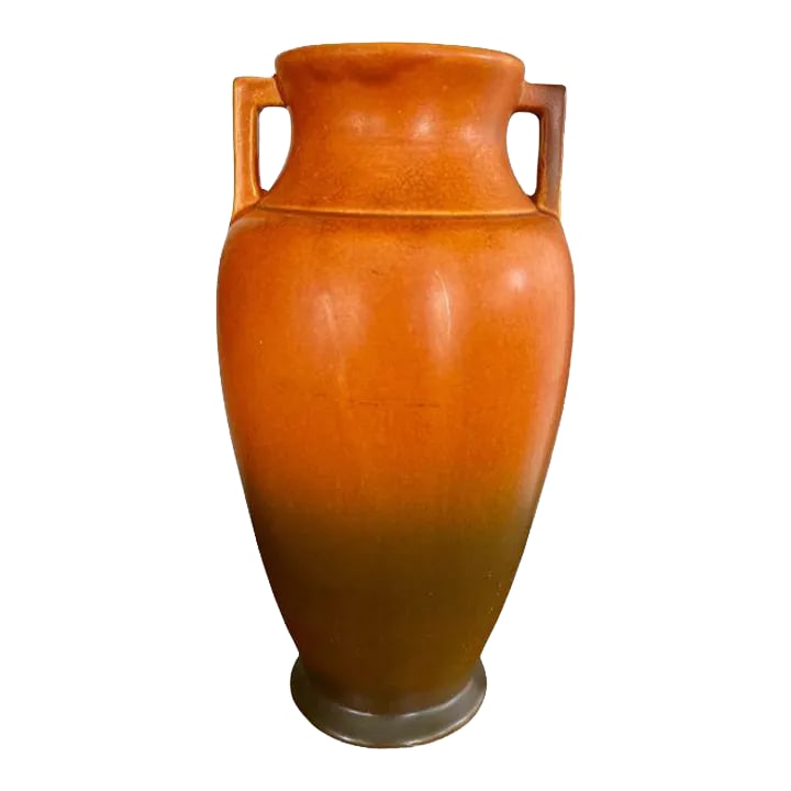 1920s Roseville Rosecraft, Ombre Burnt Orange and Burnt Umber, Art Pottery Vase: A striking Roseville Rosecraft matte finish vase from the 1920s in burnt orange with an ombre transition to burnt umber and forest green. The two-handled vase is stamped at the bottom with the blue