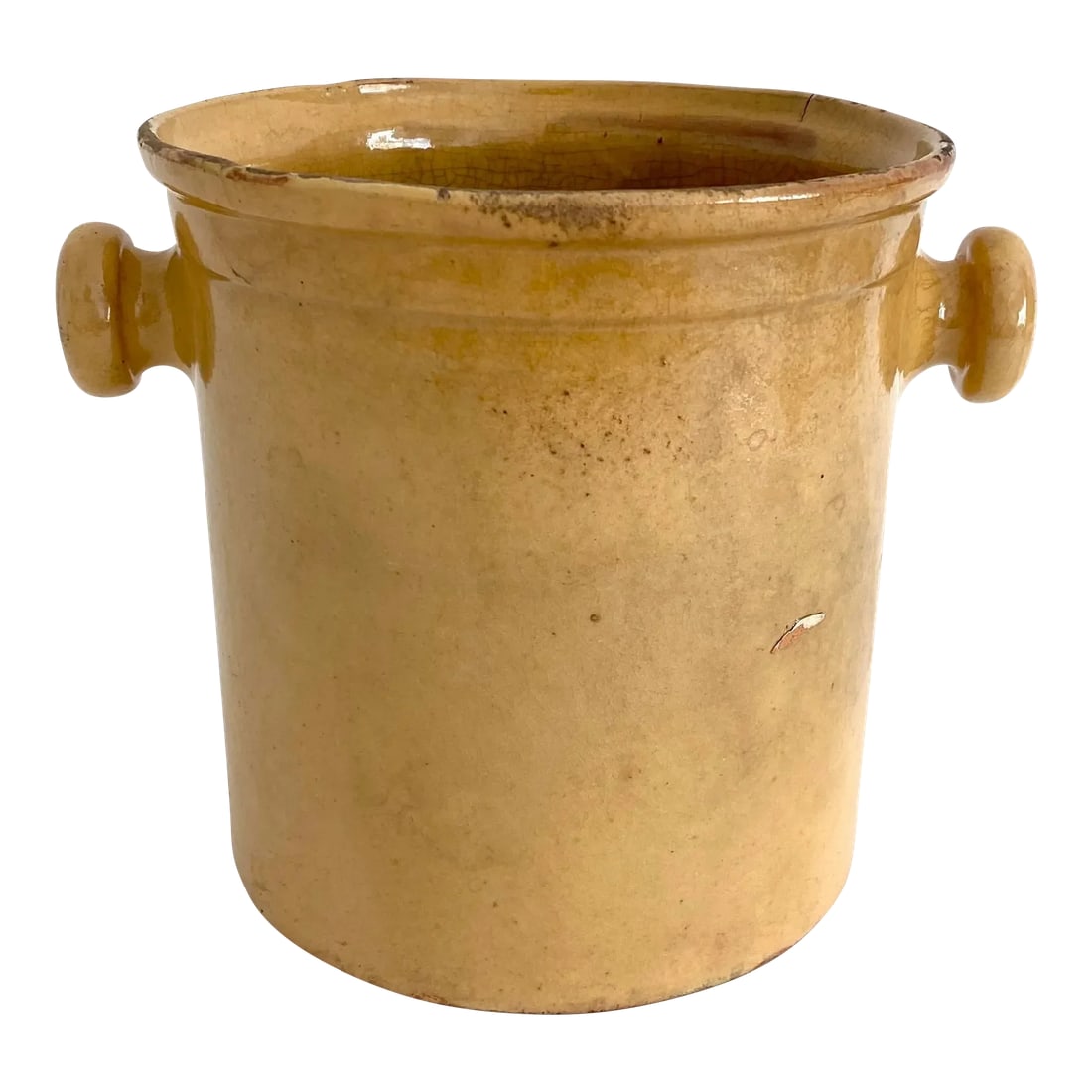 19th C French Confit Glazed Yellow Ware Preserving Jar W/ Handles: From Provence in southern France, this handcrafted pottery vessel circa 1860 features a soft amber yellow glaze and small round handles. Traditional preserving jars like this were used in French