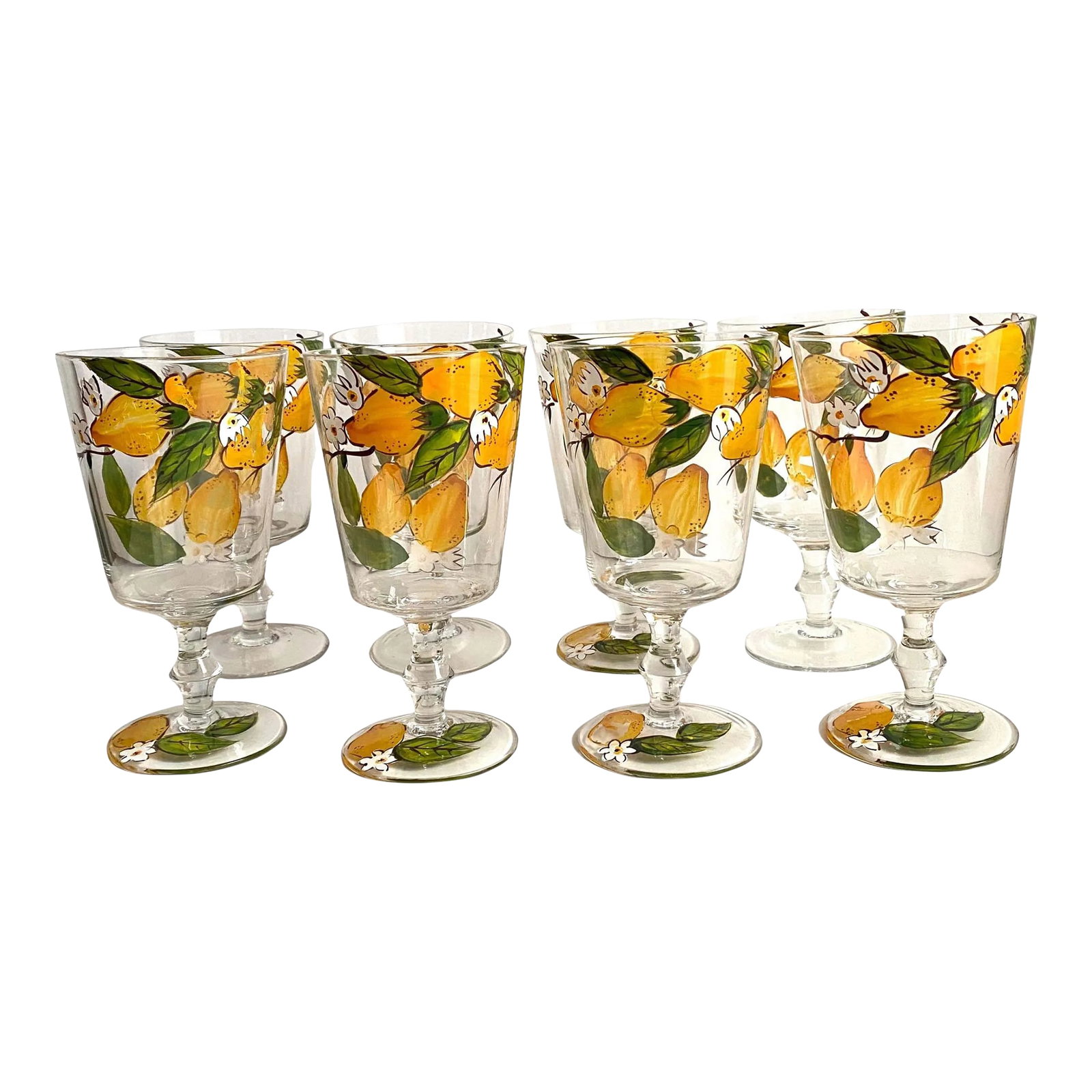 Vintage Hand Painted Crystal Wine Goblet Drinking Glasses Lemon Fruit Floral Set of 8: Vintage Hand Painted Crystal Wine Goblet Drinking Glasses Lemon Fruit Floral Set Of 8 Such a fun spring / summer set, I love the bright colors. Condition: Alterations: Original Condition Unaltered