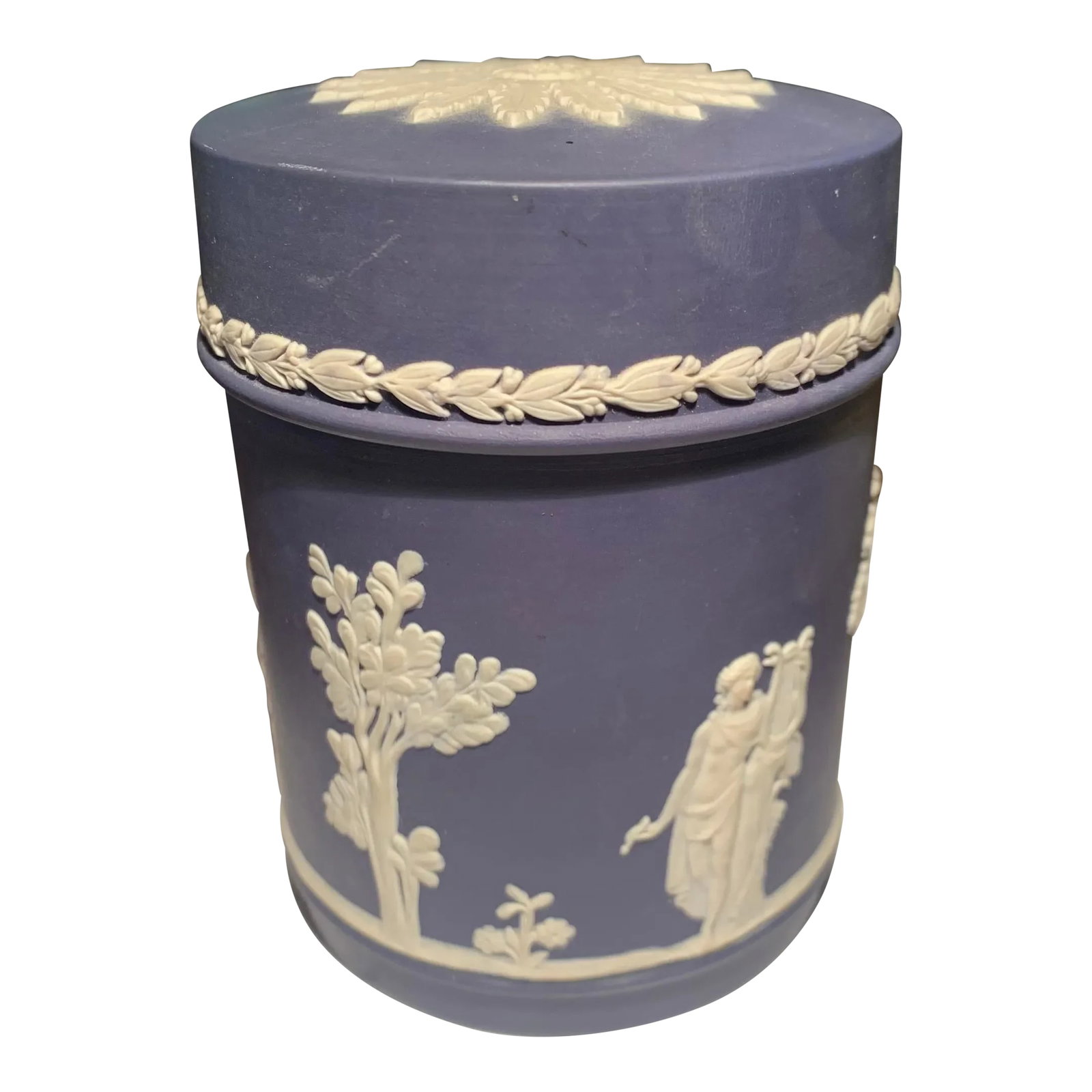 Vintage Wedgwood Jasperware Jar: Vintage black jasperware Wedgwood lidded jar. Lovely, detailed, classical style with White Bas Relief Decoration. Condition: Alterations: Original Condition Unaltered Imperfections: Some