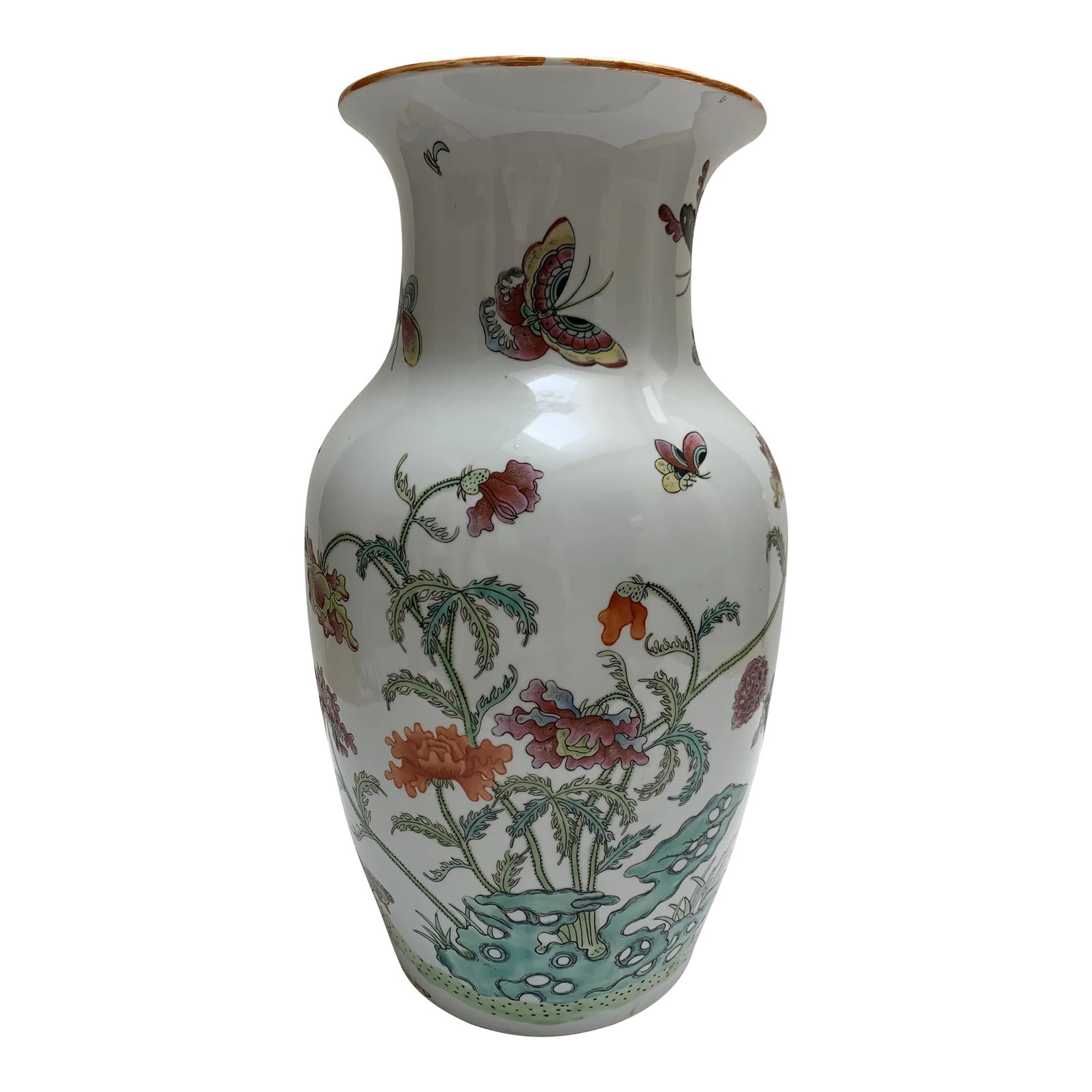 Vintage Ceramic Asian Butterfly Vase: Asian chinoiserie style tall ceramic vase with floral bird and butterfly motif pattern. Condition: Alterations: Original Condition Unaltered Imperfections: Some Imperfections Condition Notes:
