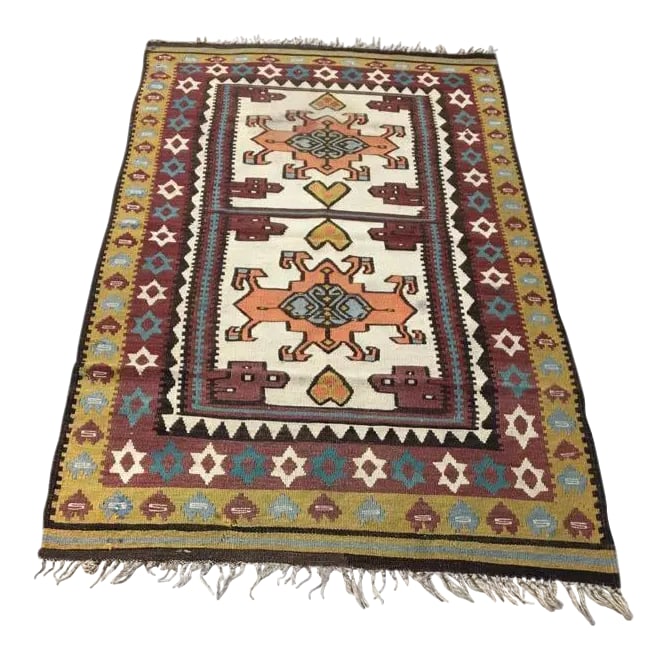 Vintage Turkish Anatolian Olive Green Kilim Wool Rug - 2'11'' * 4'7'': Turkish rug Anatolian rug Oushak Rug Vintage Rug 55x35 inches Rug 100 % organic wool Professionally cleaned ready to use Hand knotted vintage Anatolian Turkish kilim rug Condition: Alterations: