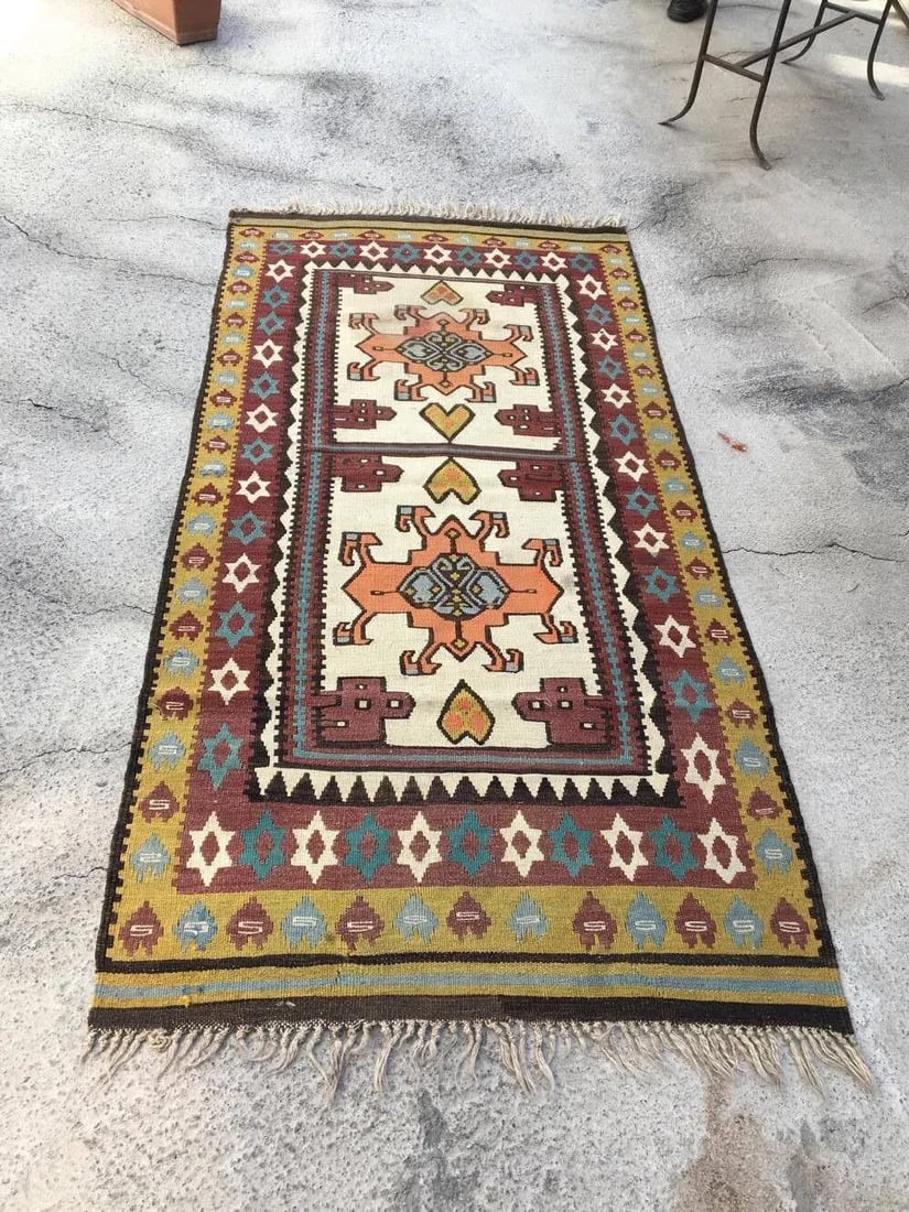Vintage Turkish Anatolian Olive Green Kilim Wool Rug - 2'11'' * 4'7'' - 2